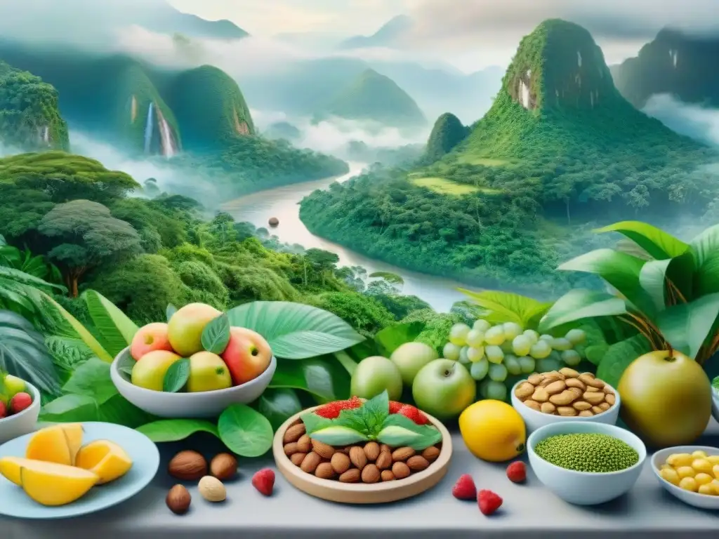 Exuberante ilustración acuarela de selva con variedad de plantas y animales, y snacks saludables para cuidar planeta