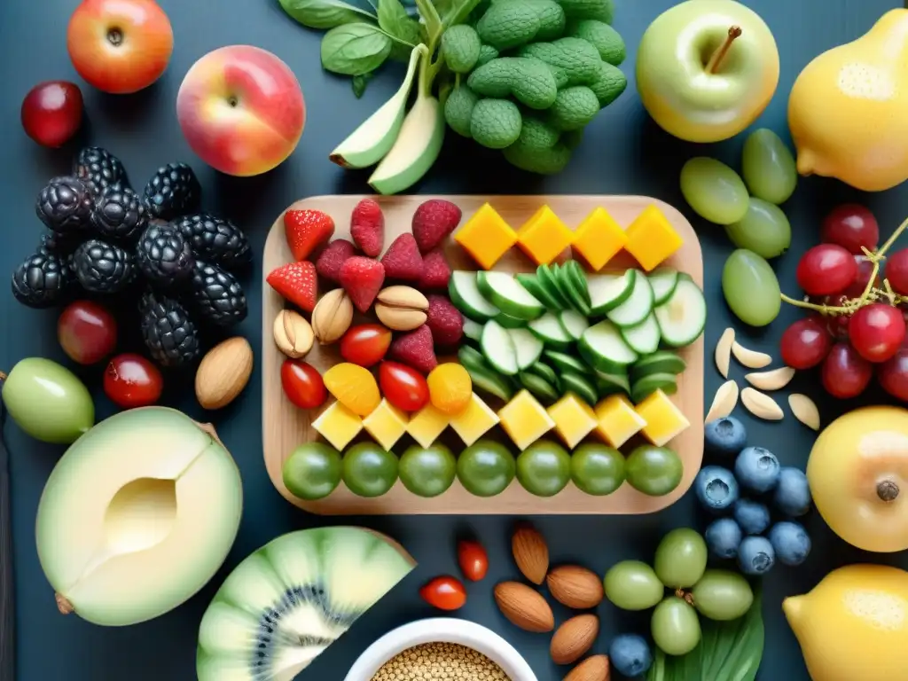 Bodegón de snacks saludables: frutas, nueces y verduras frescas Una exuberante variedad de snacks saludables para mejorar estado, con frutas, frutos secos y vegetales frescos en tabla de madera