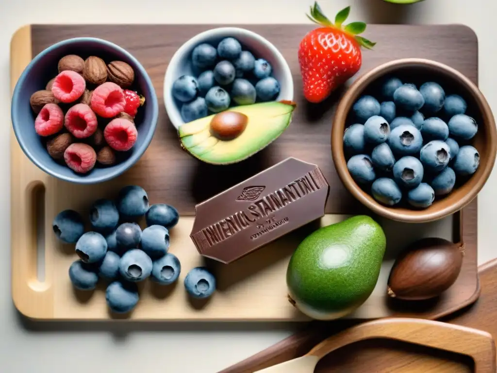 Bodegón saludable: frutos rojos, chocolate y frutos secos en acuarela Un festín antioxidante: bayas, chocolate y frutos secos sobre tabla de madera