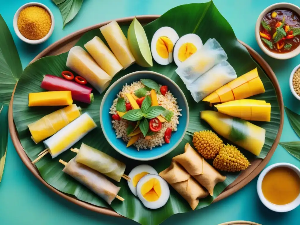Bocados Saludables del Sudeste Asiático: Detalles Vibrantes Un festín de colores y sabores en snacks saludables del Sudeste Asiático, detallados y vibrantes