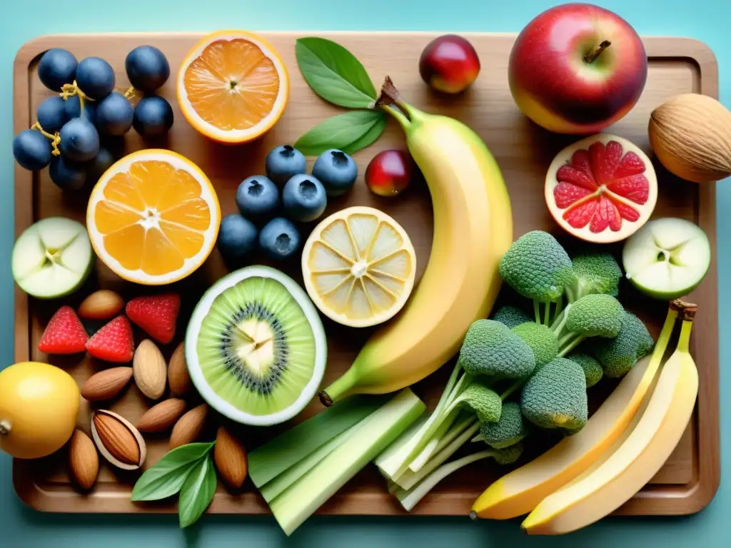 Bodegón saludable: frutas, frutos secos y vegetales coloridos Un festín de colores y variedad en snacks saludables: frutas, frutos secos, semillas y vegetales frescos en tabla de madera