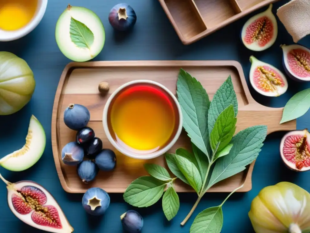 Un festín de endulzantes naturales para snacks saludables, con miel, sirope de arce, agave y hojas de stevia rodeados de frutas frescas