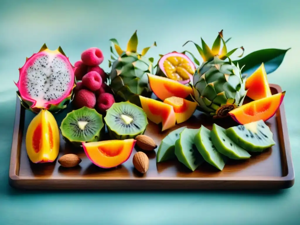 Exóticos snacks saludables: selección premium en acuarela Un festín exótico de snacks saludables importados en una bandeja de madera de lujo