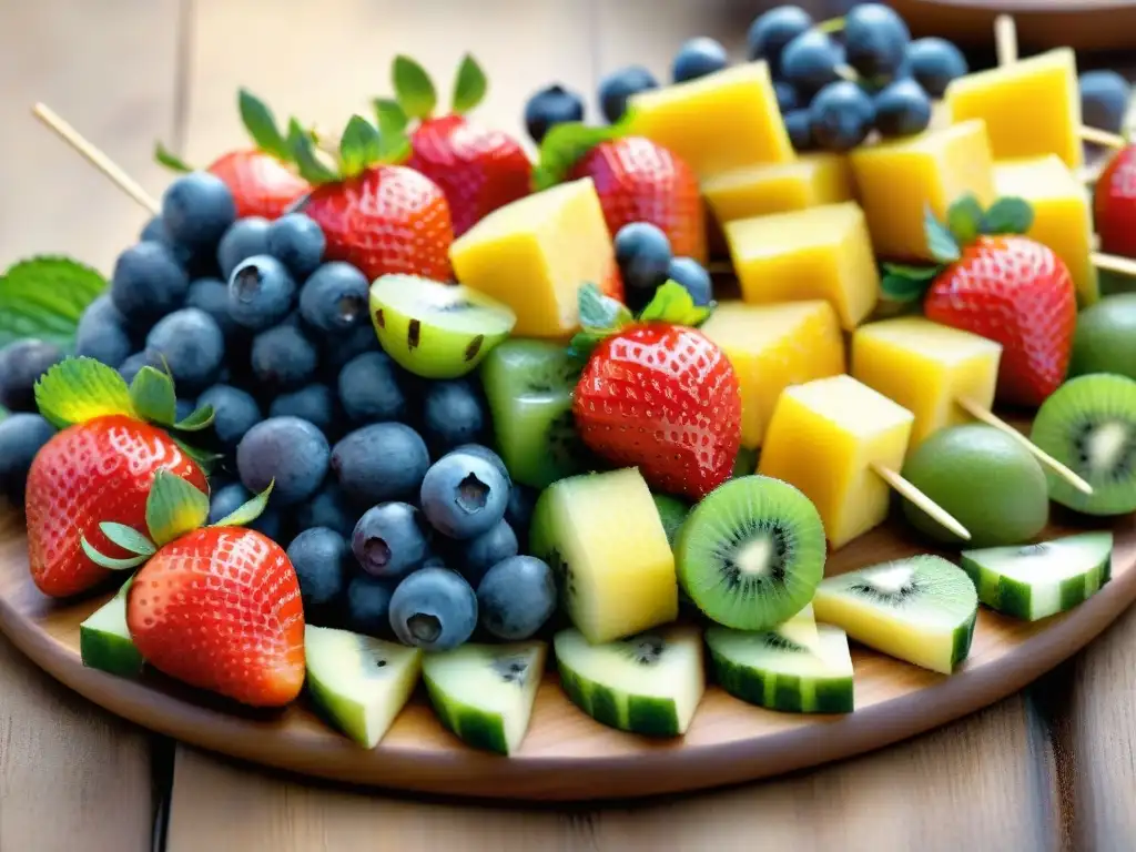 Deliciosas brochetas de frutas frescas en acuarela Un festín de frutas frescas y coloridas en brochetas, presentado con elegancia en una bandeja de madera