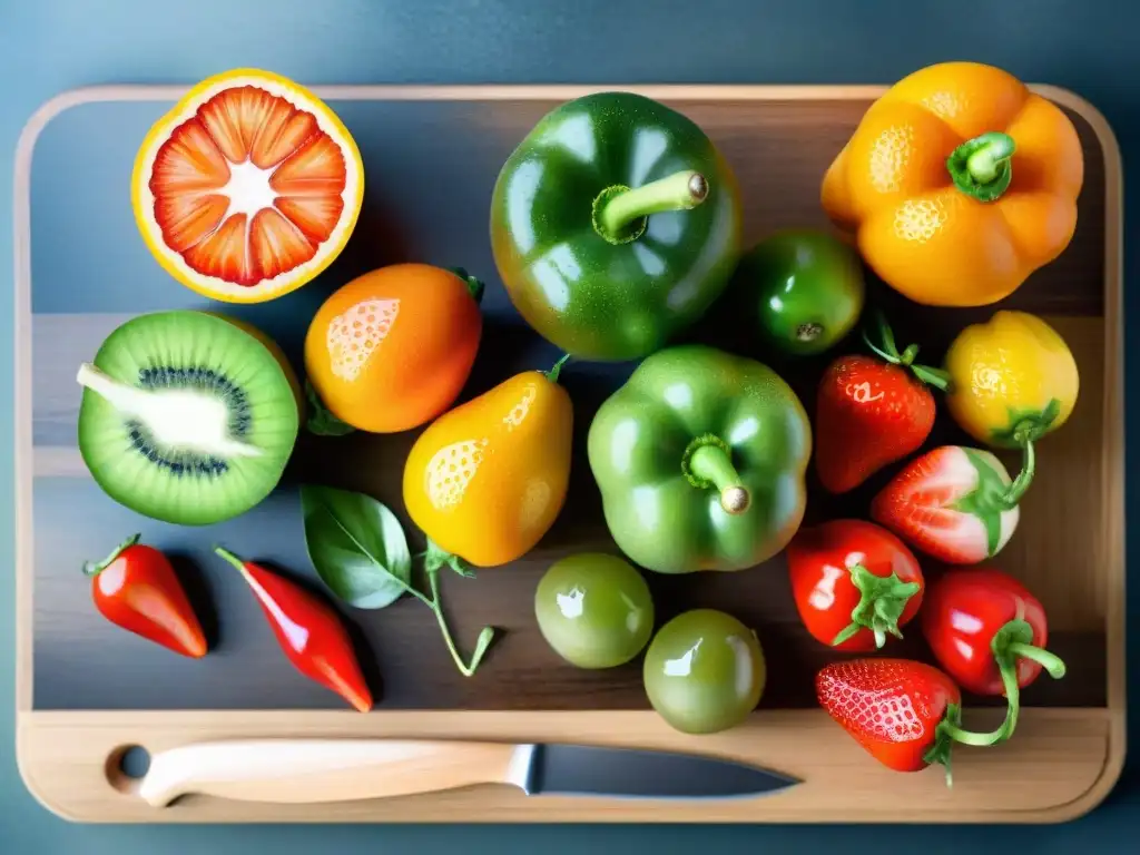 Deliciosas frutas ricas en vitamina C: frescura y colorido Un festín de frutas vitamínicas como naranjas, fresas, kiwis y pimientos sobre tabla de madera, con gotas de agua
