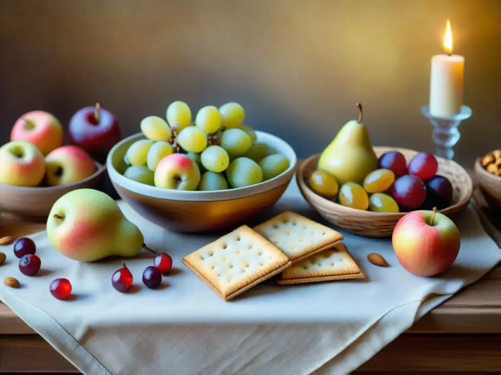 Bodegón otoñal: mesa rústica rebosante de frutas y snacks saludables Un festín otoñal de frutas y snacks saludables, productos de temporada
