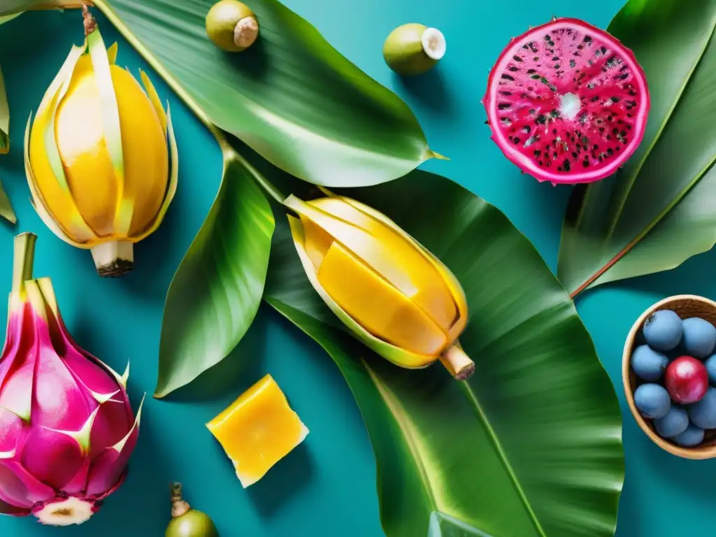 Delicias Saludables del Sudeste Asiático: Una Explosión de Color y Sabor Un festín de sabores tropicales: snacks saludables del Sudeste Asiático en acuarela vibrante