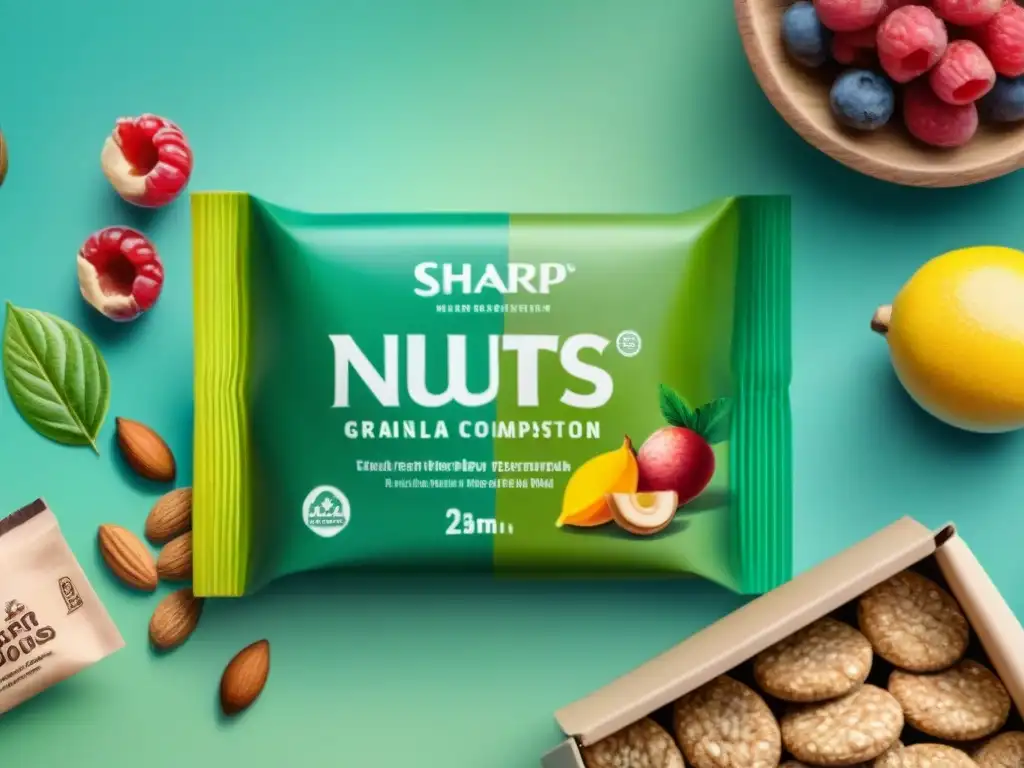 Snacks saludables en envases ecofriendly: ilustración acuarela Un festín saludable en envases reciclados: frutos secos, frutas y barras de granola en vibrantes colores y texturas
