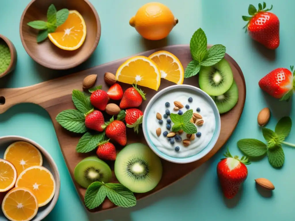 Bodegón saludable: frutas, frutos secos y yogurt fresco Un festín saludable de frutas, frutos secos, yogur y agua refrescante