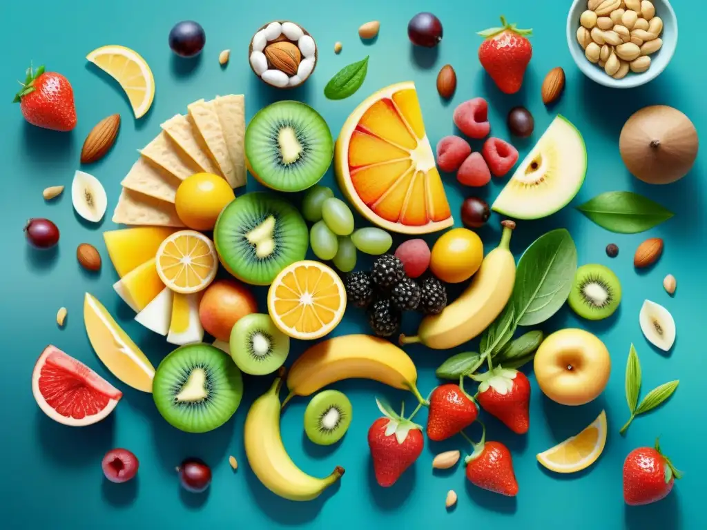 Un festín saludable sin azúcar: frutas, nueces, semillas y verduras vibrantes en acuarela, frescos y tentadores