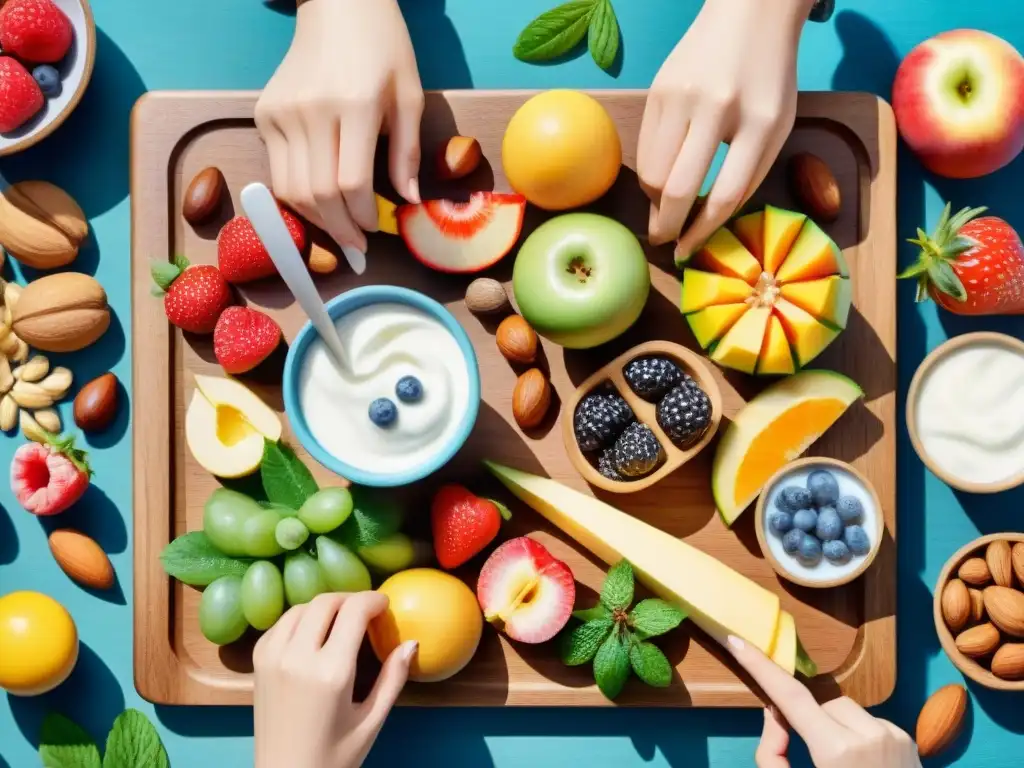 Deliciosos snacks saludables para niños: ilustración acuarela Un festín saludable de frutas, nueces y yogurt en tabla de madera, con manos infantiles