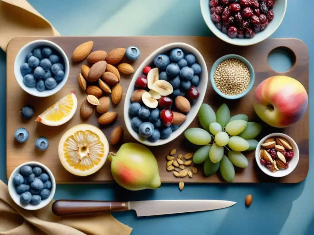 Bodegón de snacks saludables: frutas, frutos secos y semillas en acuarela Un festín saludable con frutos secos, frutas y semillas vibrantes y coloridas en una tabla de madera iluminada por el sol