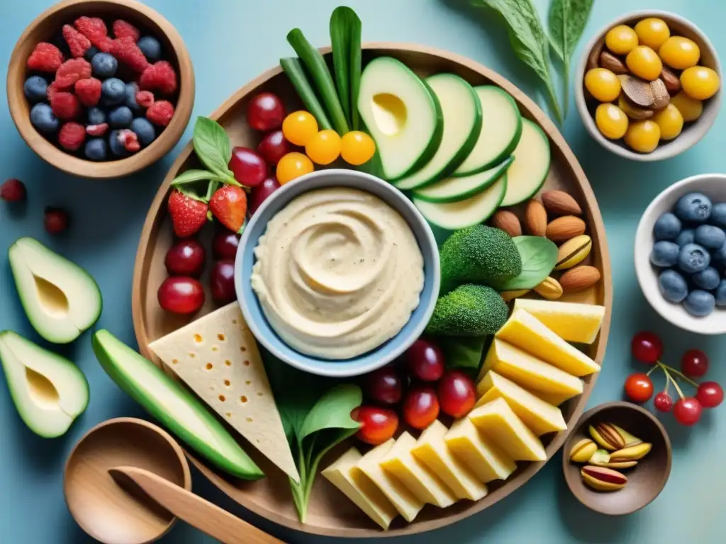 Exquisitos snacks saludables: ilustración en acuarela Un festín saludable de snacks bajos en calorías: vegetales coloridos, hummus, frutas frescas y frutos secos sobre una tabla de madera