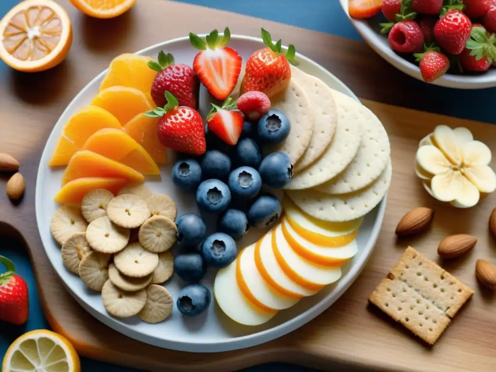 Bodegón saludable: snacks variados en acuarela Un festín saludable con snacks para controlar calorías: frutas frescas, galletas integrales, frutos secos y verduras con hummus