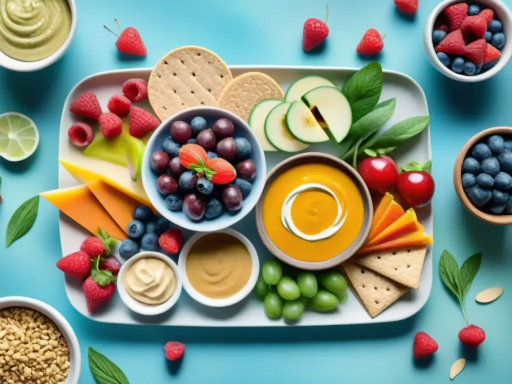 Bodegón de snacks saludables: vibrante y delicioso Un festín saludable y vibrante con snacks para fiestas: brochetas de verduras, crackers integrales con hummus, frutas frescas y frutos secos
