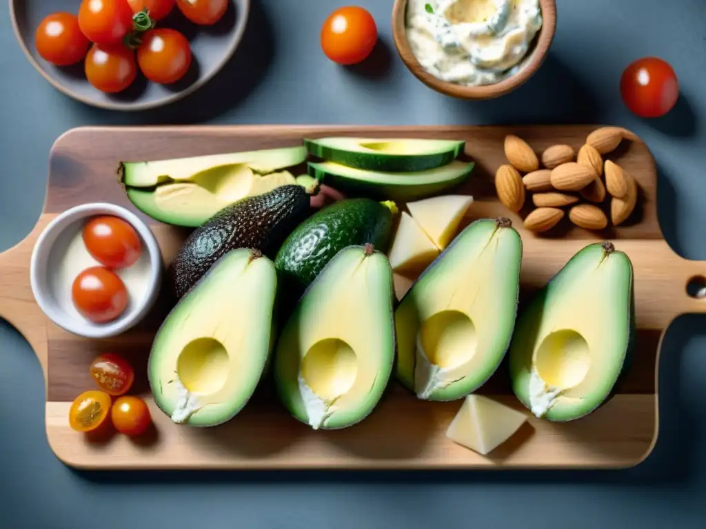 Deliciosos snacks Keto: ilustración acuarela de variedad saludable Un festín de Snacks Keto saludables para perder peso en una tabla de madera moderna y elegante