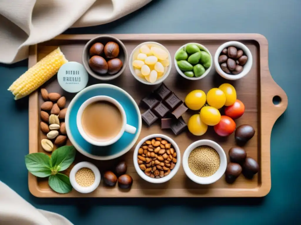 Deliciosos snacks energéticos en acuarela detallada Un festín de snacks energéticos saludables para deportistas: nueces, semillas, chocolate negro y granos de café en una tabla de madera