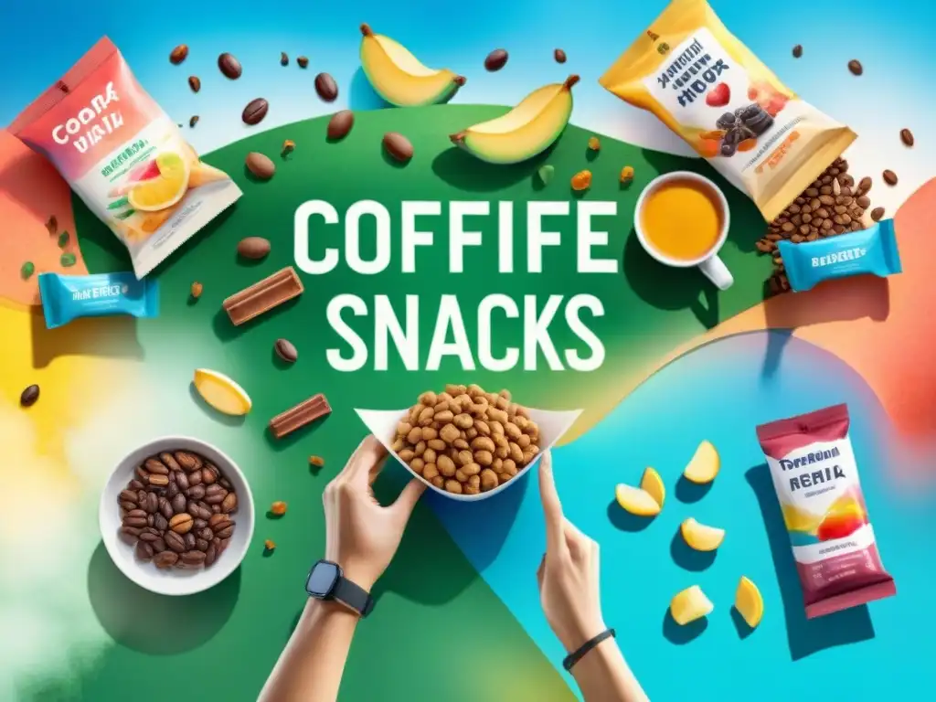 Snacks energéticos para atletas: ilustración vibrante en acuarela Un festín de snacks energéticos saludables con cafeína para deportistas, en un campo deportivo dinámico