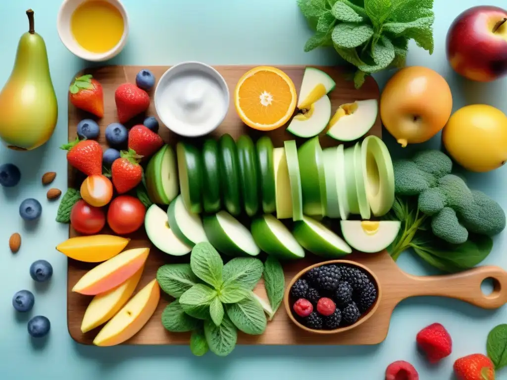 Deliciosos snacks saludables para niños: ilustración acuarela vibrante Un festín de snacks saludables sin azúcar añadida para niños, con frutas, vegetales, nueces y yogur, en una tabla de madera