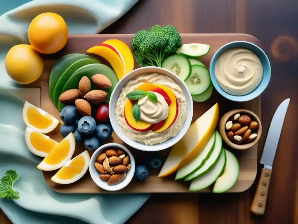 Bodegón saludable: frutas, frutos secos y verduras con hummus Un festín de snacks saludables para antojos: frutas coloridas, frutos secos variados y vegetales frescos con hummus, dispuestos en una tabla de madera