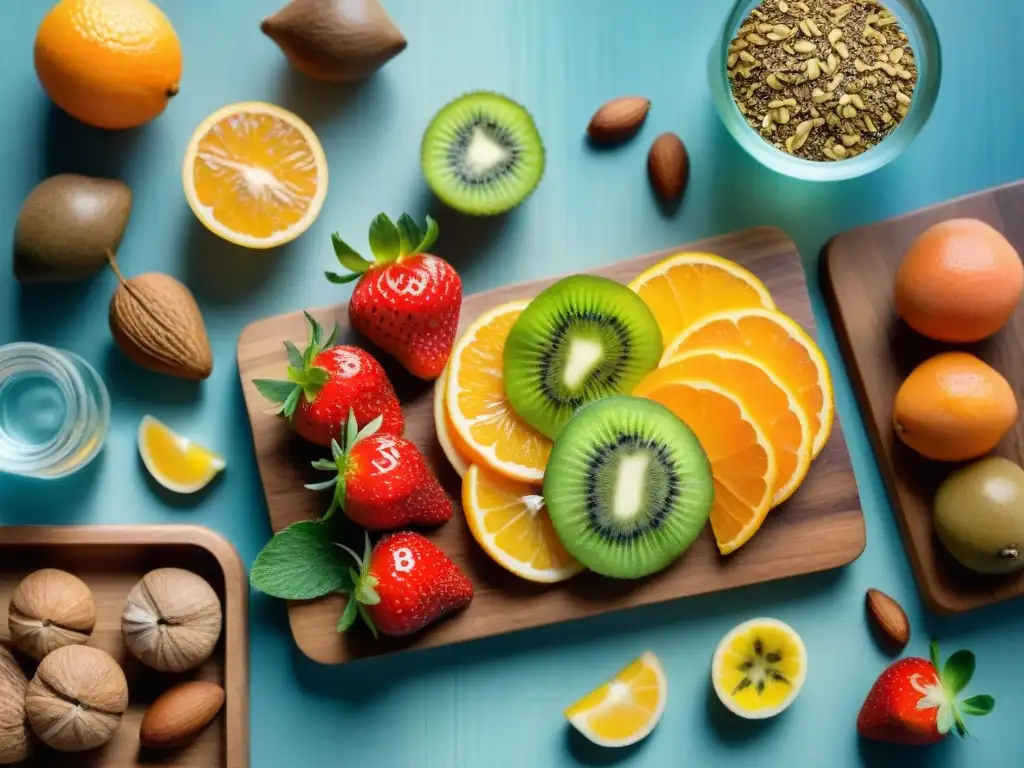 Bodegón saludable: variedad de frutas y frutos secos en acuarela Un festín de snacks saludables para antojos: frutas frescas, frutos secos, semillas y agua aromatizada en una tabla de cortar de madera