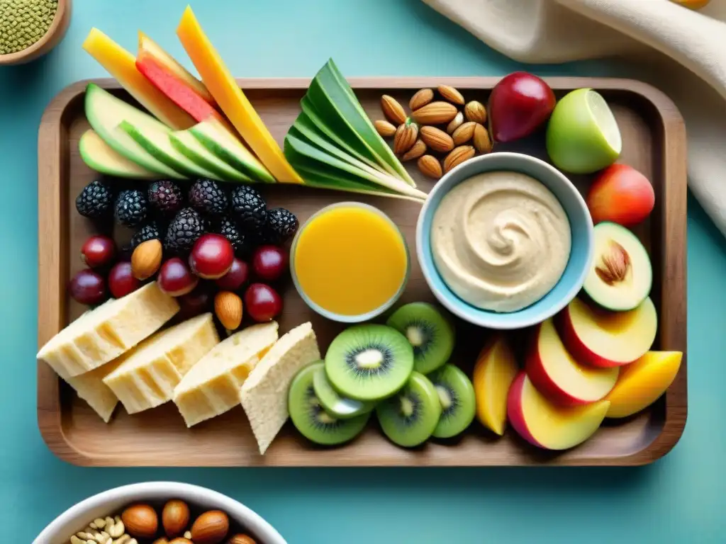 Bodegón de snacks saludables: frutas frescas, verduras crujientes y frutos secos Un festín de snacks saludables para antojos: brochetas de frutas, bastones de verduras con hummus, y frutos secos y semillas