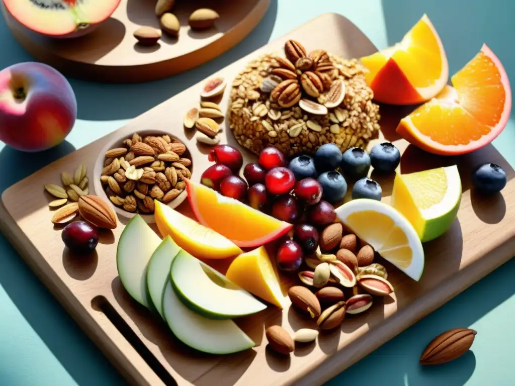 Bodegón saludable de frutas y frutos secos en acuarela detallada Un festín de snacks saludables beneficios bienestar: frutas, nueces, semillas y granola en tabla de madera
