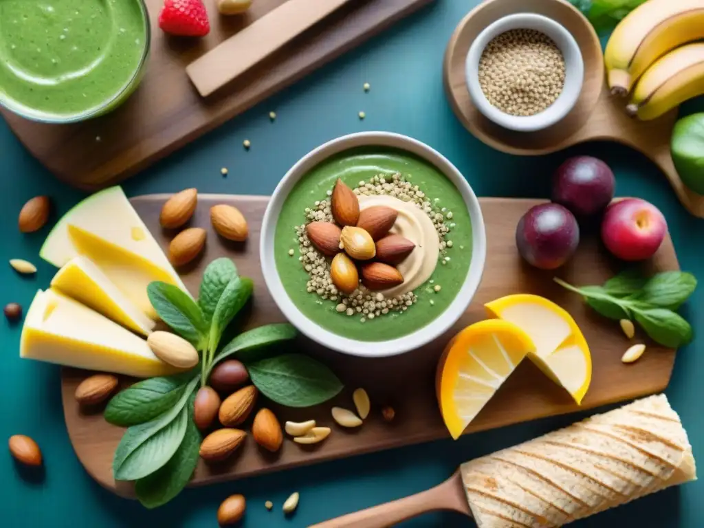 Deliciosos snacks saludables: frutas, frutos secos y smoothie verde Un festín de snacks saludables que promueven bienestar y vitalidad: frutas, frutos secos, vegetales con hummus y batido verde con chía