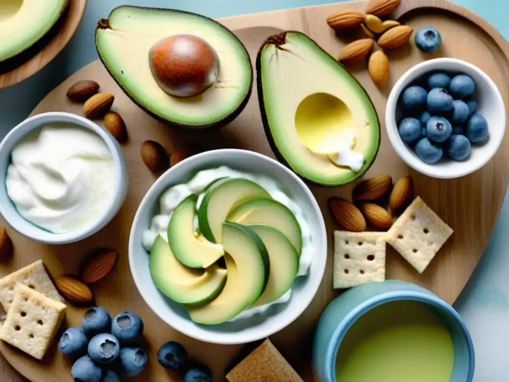 Deliciosa variedad de snacks saludables en acuarela Un festín de snacks saludables para controlar calorías: aguacate, bayas, galletas integrales, yogur griego con miel y frutos secos