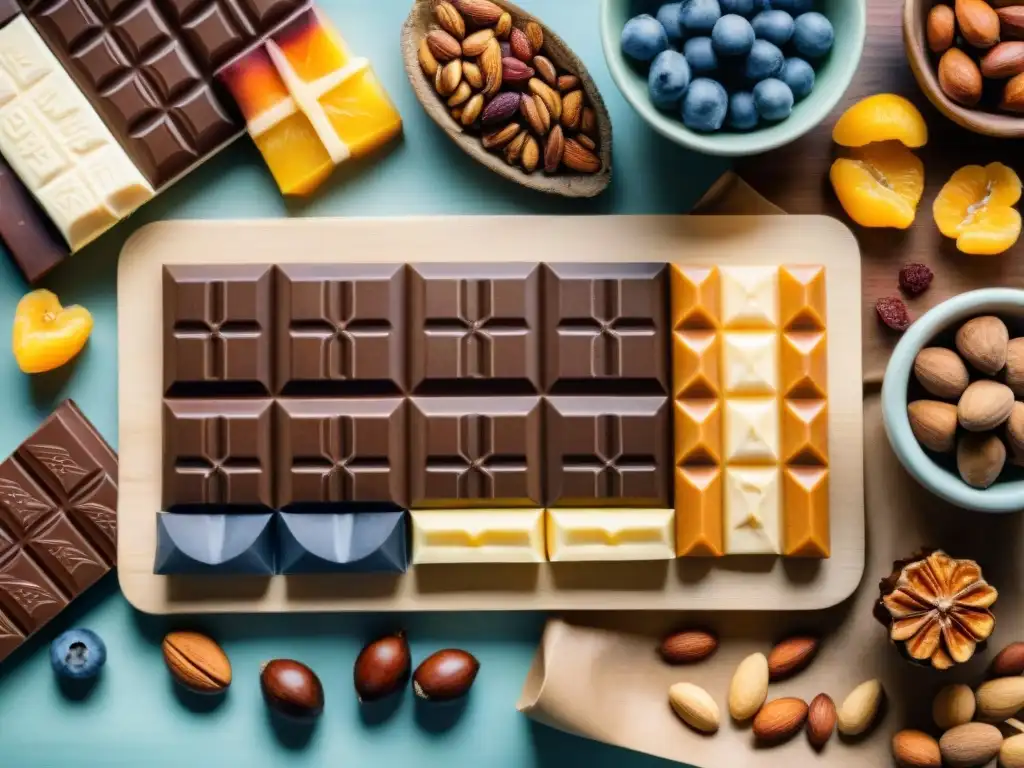 Deliciosas opciones de snacks saludables en acuarela Un festín de snacks saludables con chocolate: barras, frutos secos y frutas secas en una tabla de madera rústica