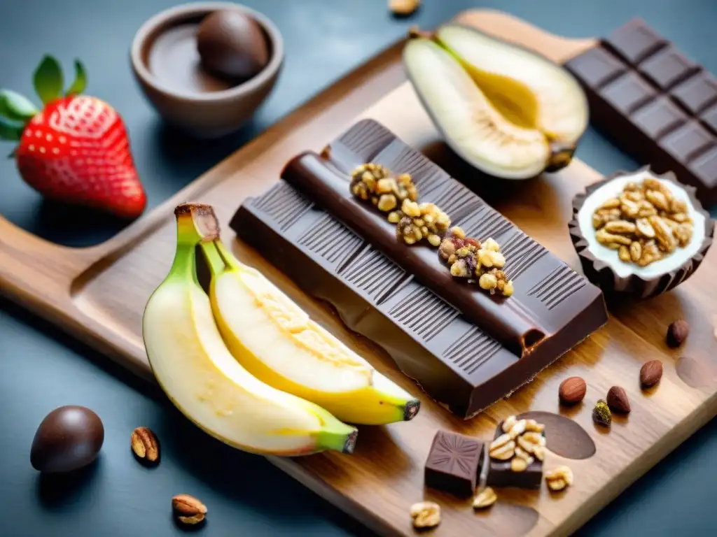 Deliciosos snacks de chocolate saludable en acuarela Un festín de snacks saludables con chocolate: fresas bañadas, barras de granola y plátanos con chocolate