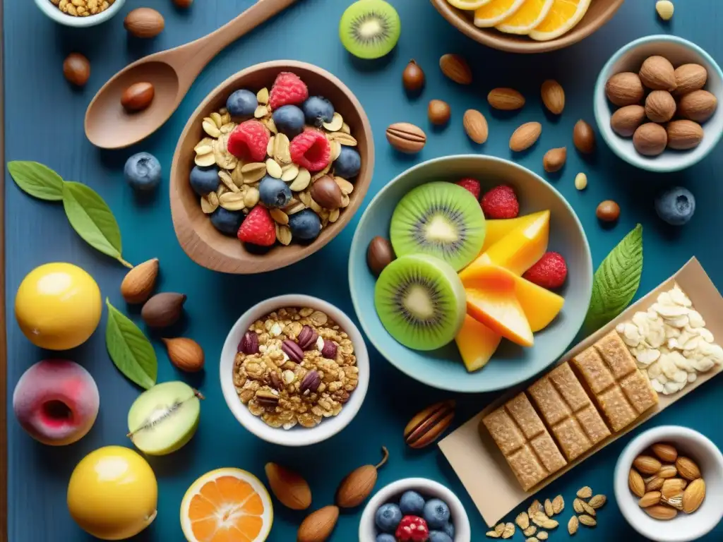 Deliciosos snacks energéticos para atletas en acuarela Un festín de snacks saludables para deportistas, frutas frescas, barras de granola, frutos secos y bolitas de proteína, pintados en acuarela