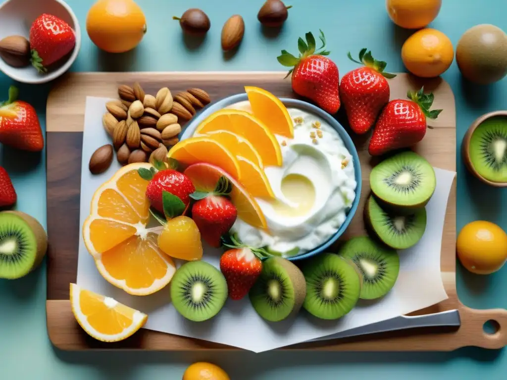 Un festín de snacks saludables para una dieta equilibrada, con frutas frescas, frutos secos y yogurt griego en una tabla de madera