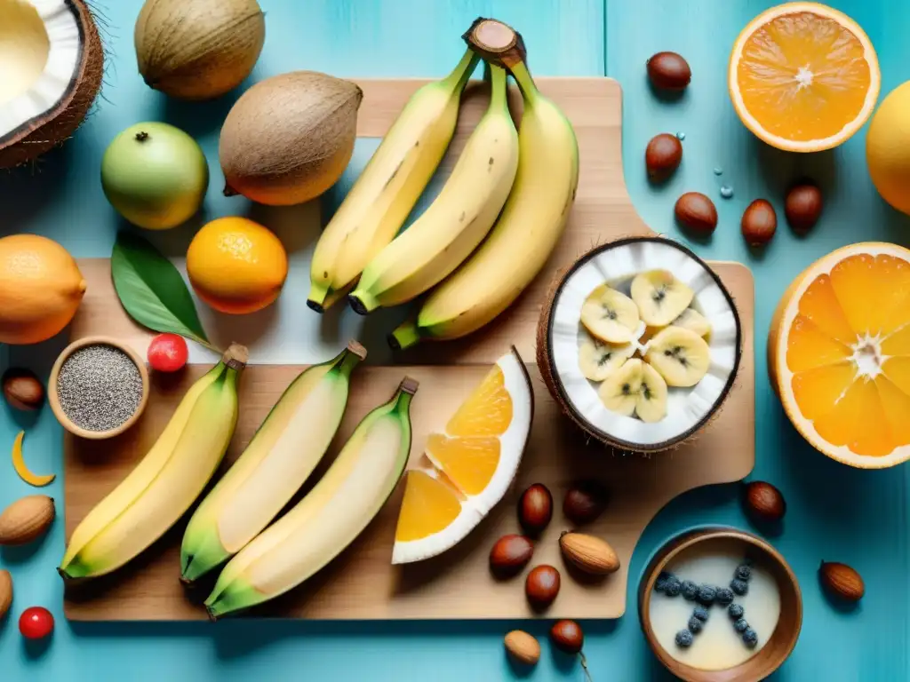 Deliciosos snacks saludables: ilustración acuarela de frutas y frutos secos Un festín de snacks saludables con electrolitos: coco, plátanos, naranjas, frutos secos y semillas de chía, en acuarela detallada y vibrante