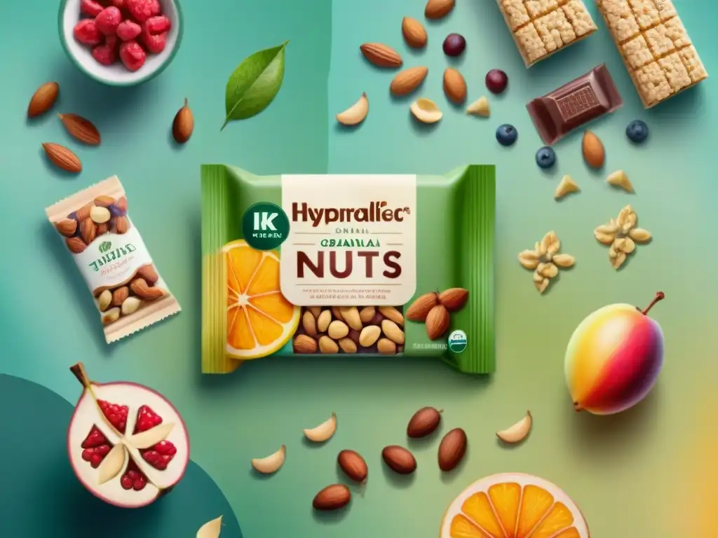 Bocados saludables en ilustración acuarela detallada Un festín de snacks saludables en envases ecofriendly, detallados y vibrantes