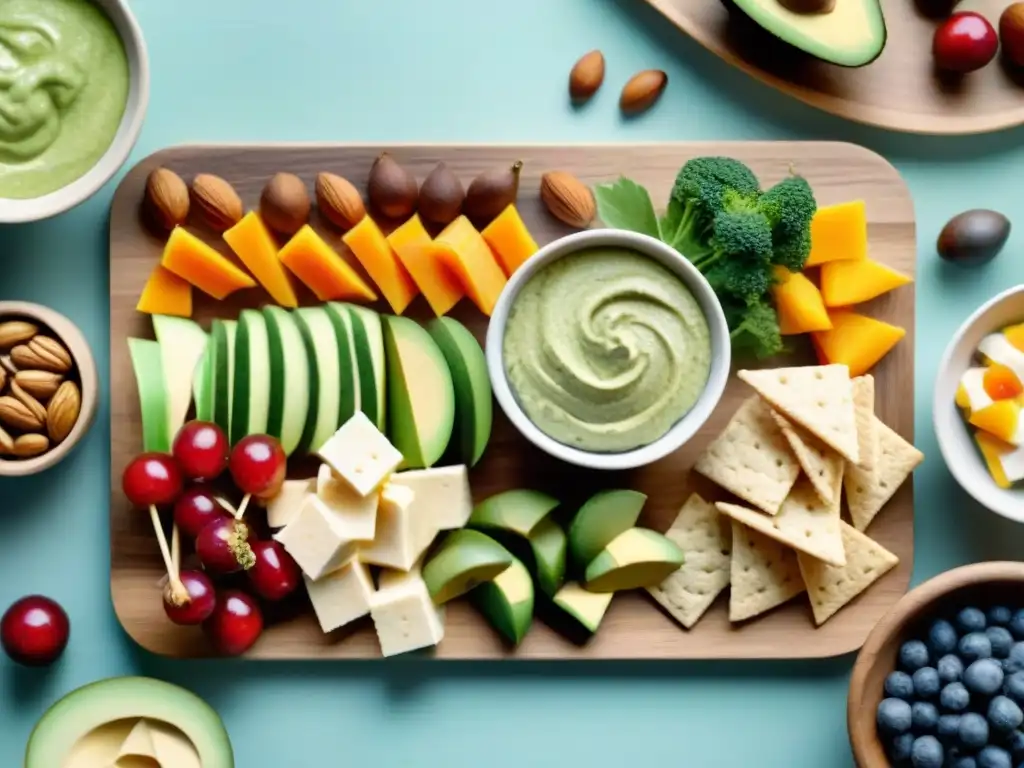 Bodegón saludable: snacks coloridos y frescos Un festín de snacks saludables para fiestas: frutas coloridas, crudités con hummus, crackers de aguacate y frutos secos en una tabla de madera