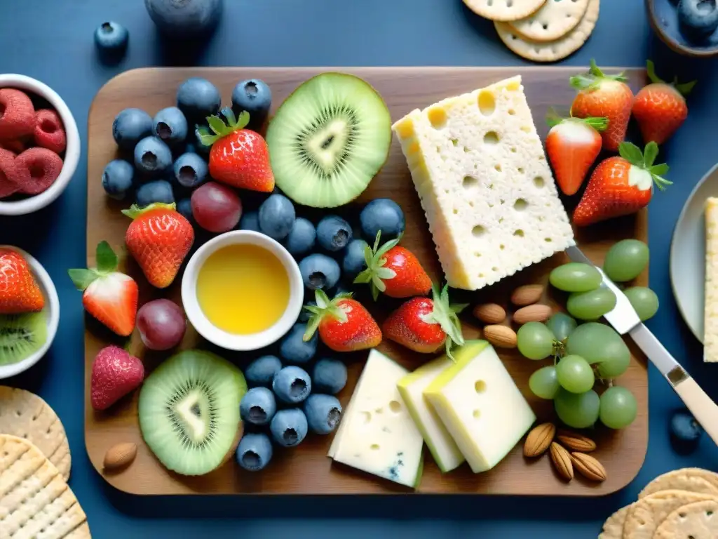 Deliciosa variedad de aperitivos saludables en acuarela Un festín de snacks saludables para fiestas: frutas frescas, quesos variados y frutos secos en una presentación vibrante y colorida
