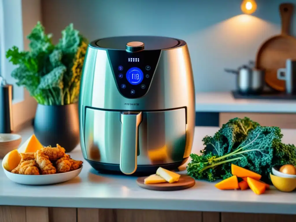 Deliciosa escena: freidora de aire y snacks saludables Un festín de snacks saludables con freidora de aire en cocina acogedora