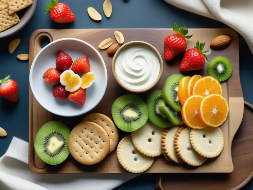 Bodegón de snacks saludables: frutas, frutos secos y yogurt Un festín de snacks saludables para nutrir: frutas frescas, frutos secos, yogur y crackers integrales