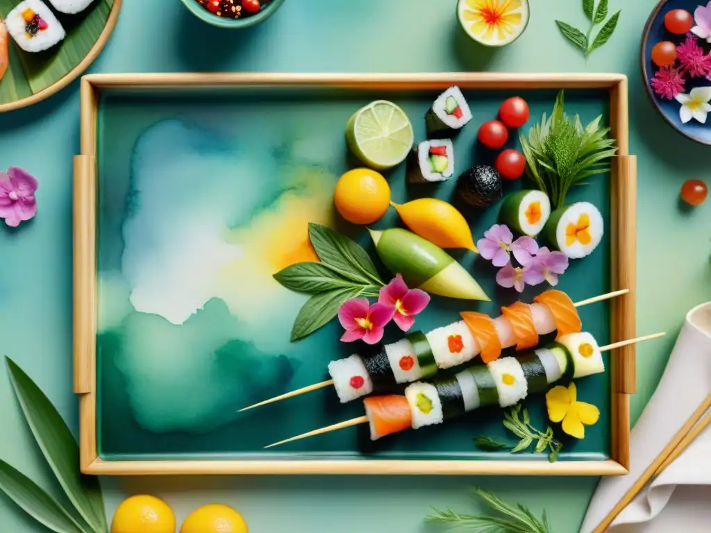 Bandeja de snacks asiáticos saludables: sushi, rollitos de primavera y más Un festín de snacks saludables inspirados en la dieta asiática, detallados y coloridos en acuarela