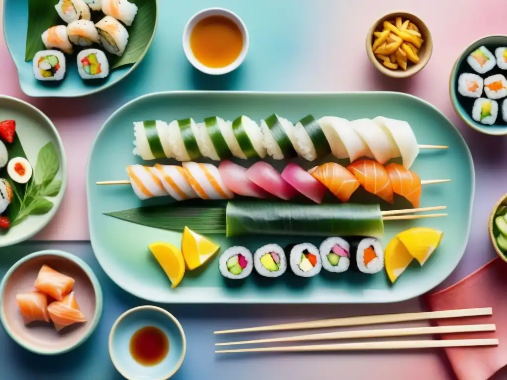 Bodegón saludable: Delicias asiáticas en acuarela Un festín de snacks saludables inspirados en la dieta asiática, desde sushi hasta dumplings, en una ilustración acuarela detallada y colorida
