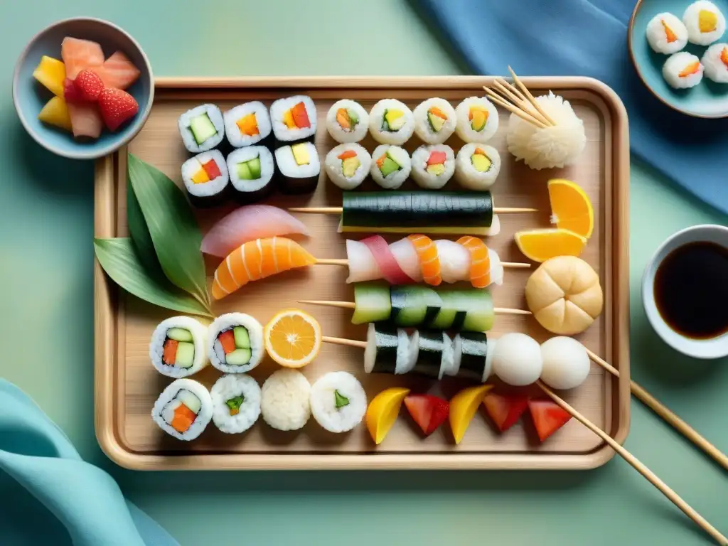 Deliciosas delicias asiáticas: sushi, dumplings y más Un festín de snacks saludables inspirados en la dieta asiática, pintados en acuarela
