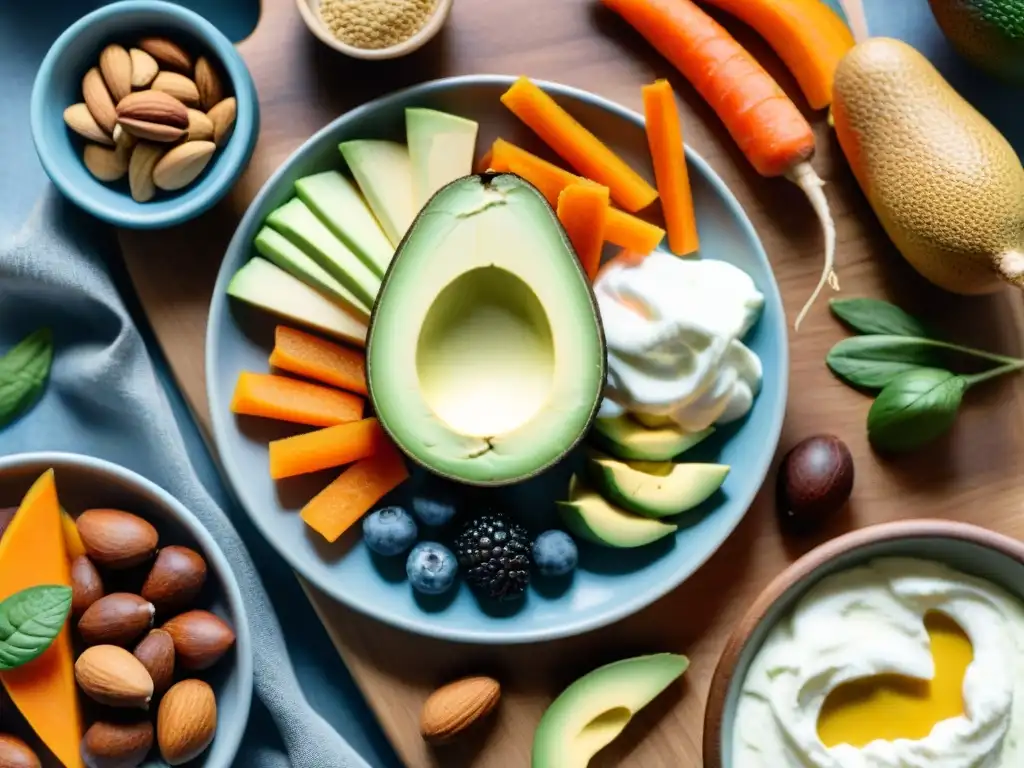 Deliciosos snacks saludables en acuarela Un festín de snacks saludables para aumentar masa muscular: aguacate, almendras, yogurt con bayas, frutos secos y zanahorias con hummus