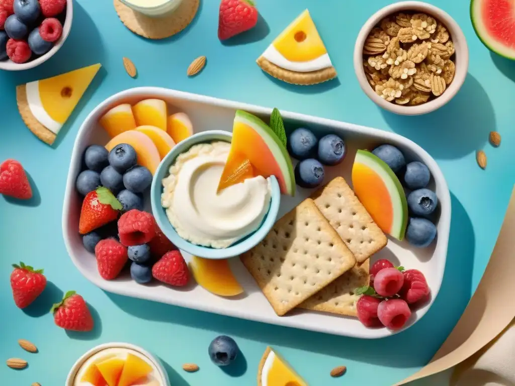 Bocadillos saludables para niños: ilustración colorida y vibrante Un festín de snacks saludables para niños divertidos, llenos de color y frescura