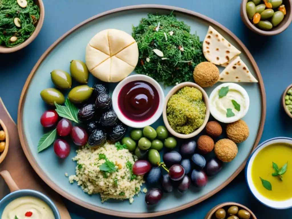 Delicias saludables de Oriente Medio en acuarela Un festín de Snacks saludables Oriente Medio: hummus, tabbouleh, falafel, hojas de parra rellenas, aceitunas y frutos secos en un plato de madera