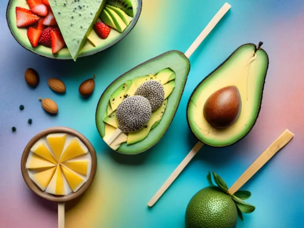 Deliciosas opciones de snacks saludables en acuarela Un festín de snacks saludables personalizados PlateJoy: frutas, aguacate, chía y frutos secos, en una ilustración detallada en acuarela