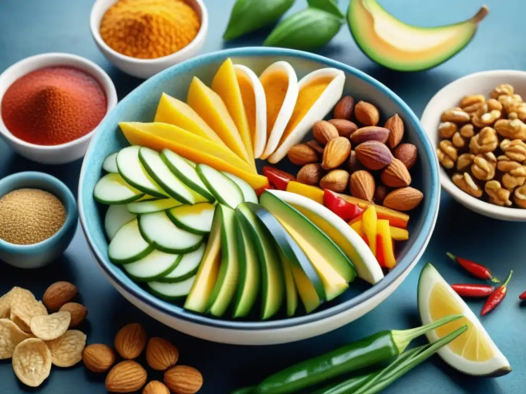 Deliciosos snacks picantes en acuarela Un festín de snacks saludables picantes recetas variadas en acuarela vibrante