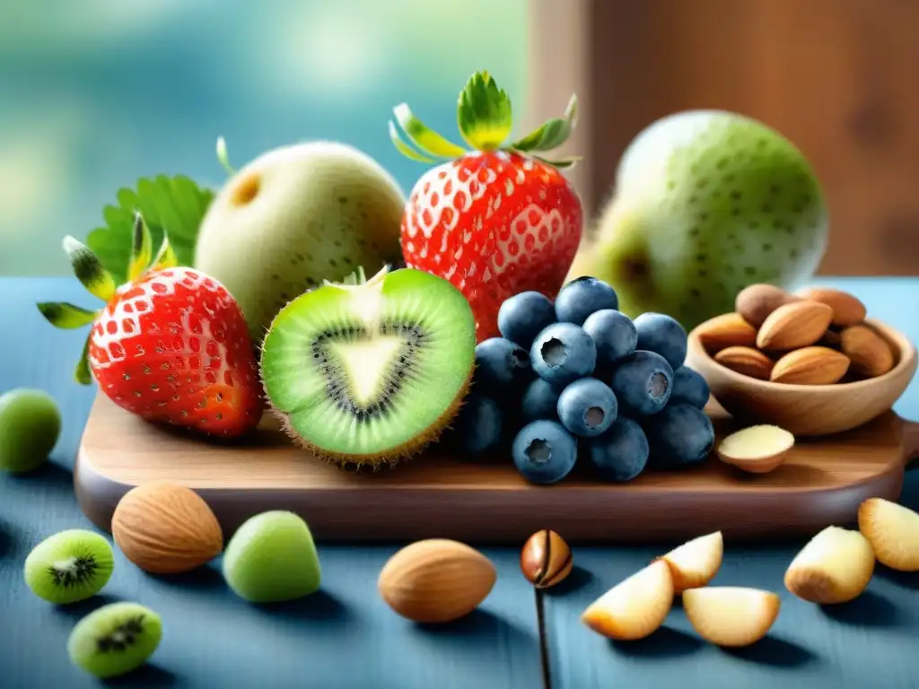 Delicias Saludables: Ilustración acuarela de frutas y frutos secos frescos Un festín de snacks saludables recetas expertos: frutas vibrantes, frutos secos y semillas detallados en acuarela fresca y deliciosa