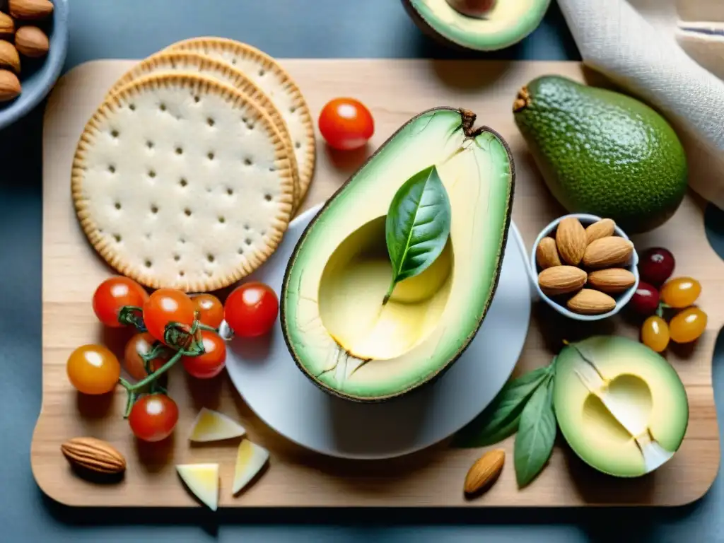 Deliciosos snacks saludables: ilustración acuarela vibrante Un festín de snacks saludables para salud cardiovascular: aguacate, tomates, nueces, uvas y albahaca fresca en tabla de madera