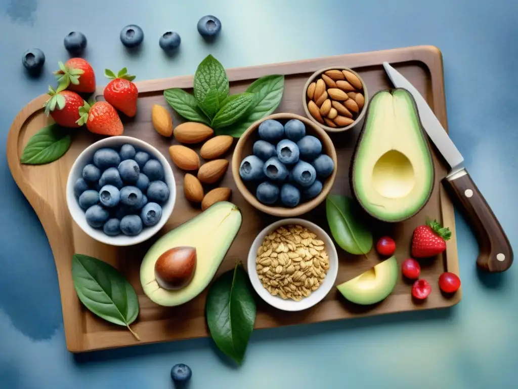 Bodegón saludable: tentadores snacks cardiovasculares en acuarela Un festín de snacks saludables para salud cardiovascular en acuarela vibrante y detallada